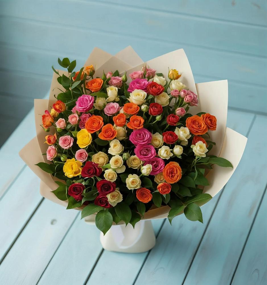 Букет Микс из разноцветных кустовых роз в Бородыновке