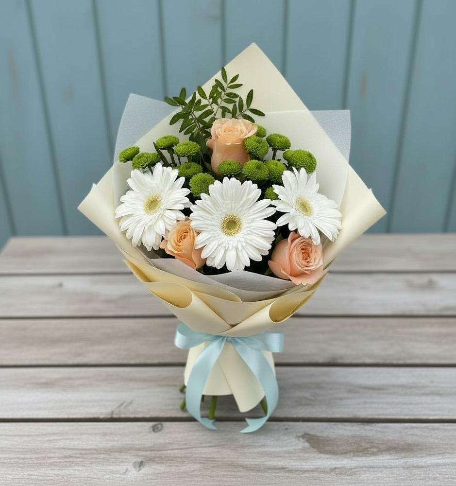 Букет цветов из: Герберы, Розы и Хризантемы в Бородыновке